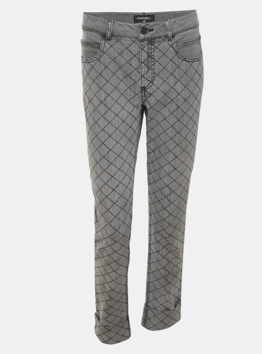 Chanel Grey Quilted Stretch Denim Skinny Jeans M