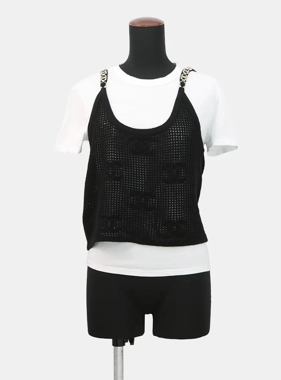 Chanel Camisole T-Shirt Size M Black/White Cotton100% Cashmere100% Rhinestone