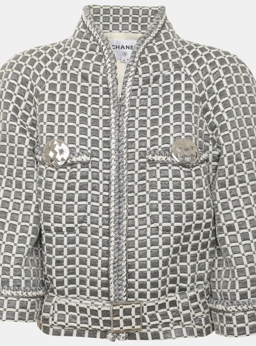 Chanel Grey/White Lurex/Glitters and Nylon Belted Blazer M