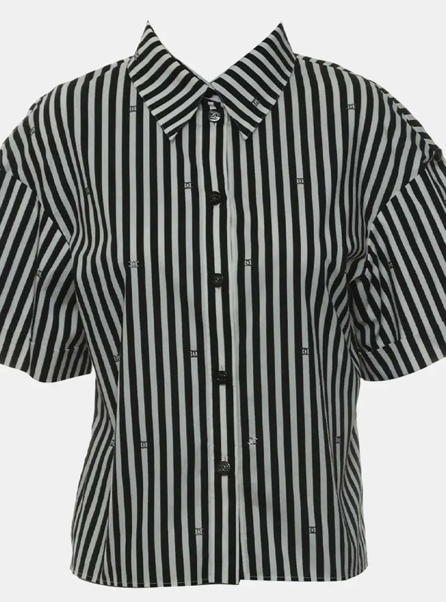 Chanel CC Crystal Embellished Stripes Stretch Poplin Blouse