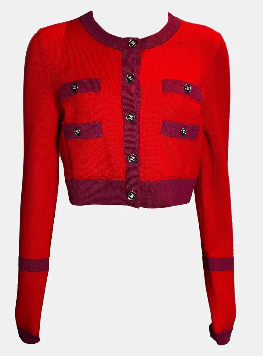 Chanel 23B Red Cropped Contrast Cardigan M