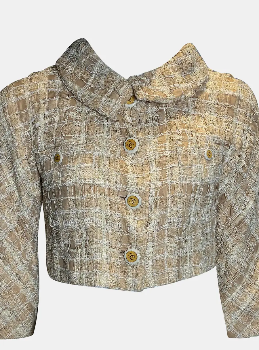 Chanel Crop Beige Tweed Jacket FR 34