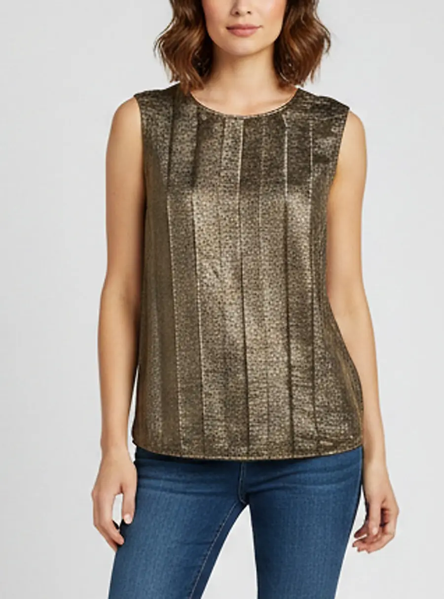 Chanel Gold Lurex Silk Blend Pleated Sleeveless Blouse M