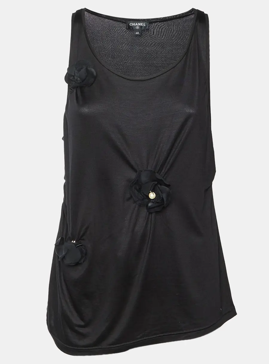 Chanel Black Floral Applique Jersey Tank Top M