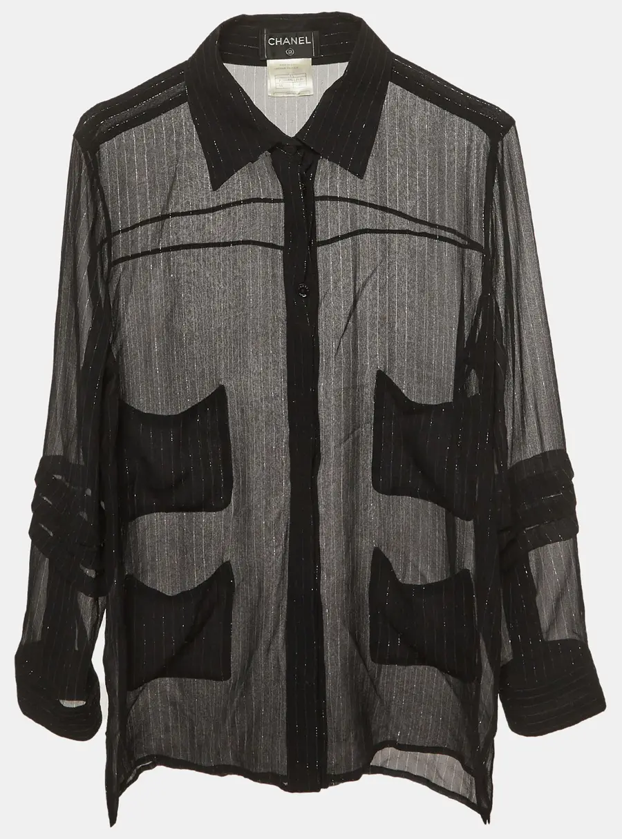 Chanel Black Silk Metallic Stripes Silk Blend Sheer Shirt M