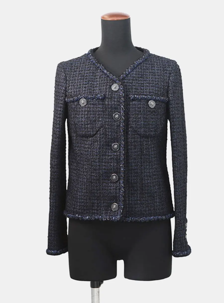 CHANEL Lion Button Collarless Jacket 34 Navy Tweed Outerwear
