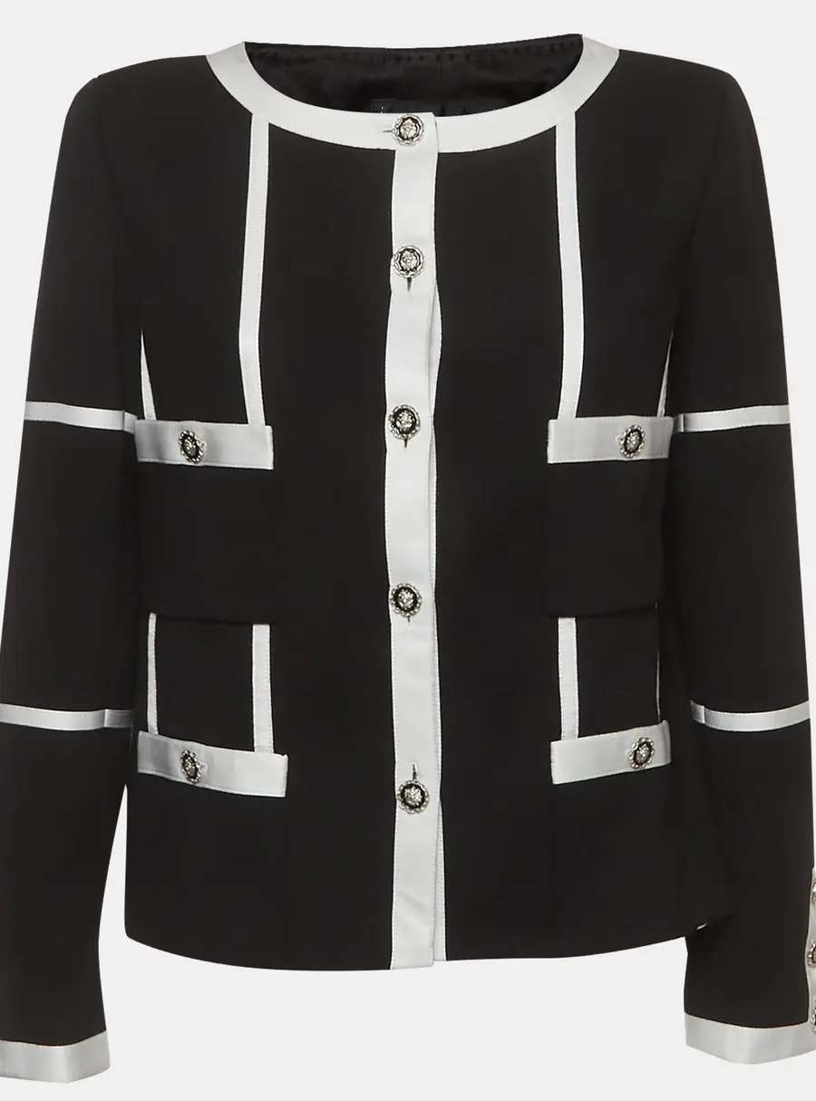Chanel Black/White Wool and Satin Contrast Jacket L