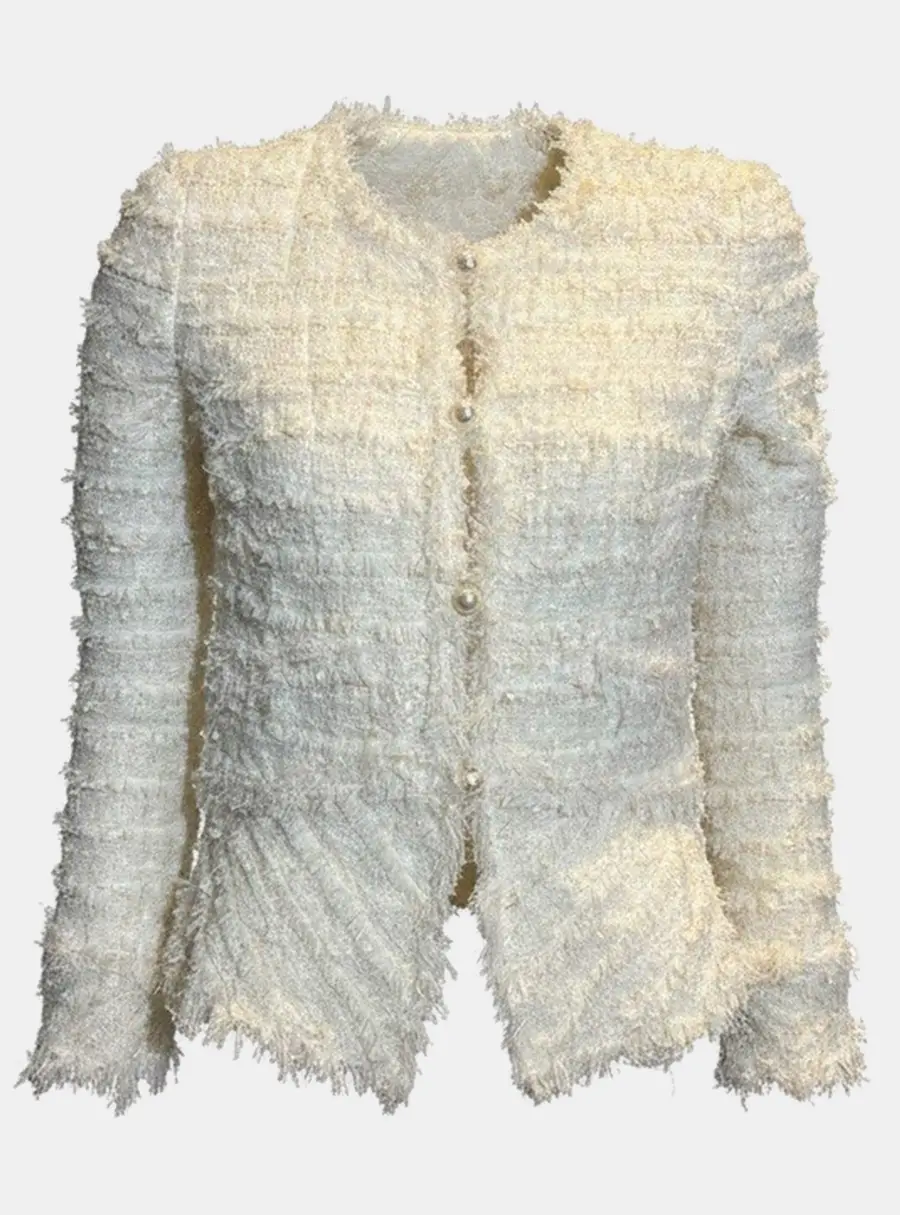 Chanel 05P Cream Tweed and Silk Sequin Jacket FR 36