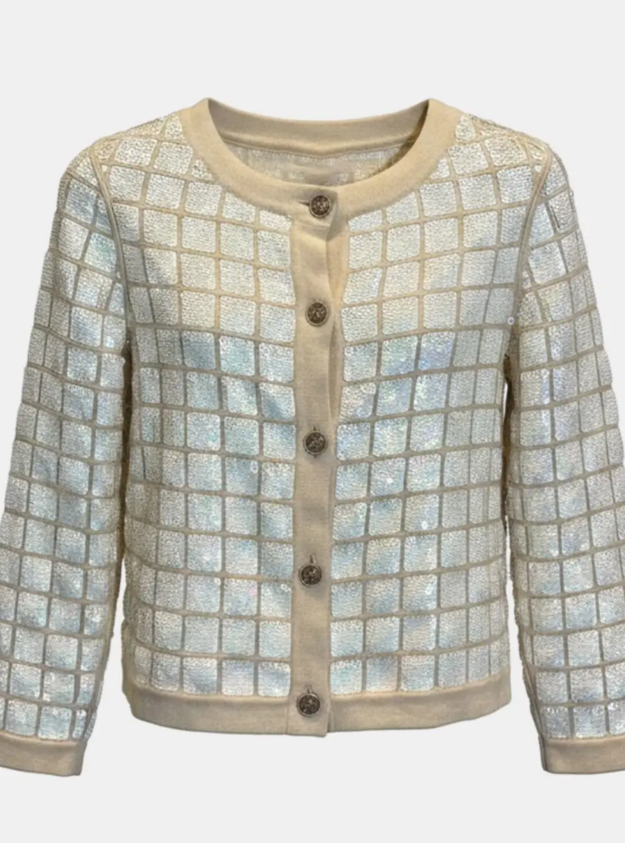 Chanel Cream Cashmere Cardigan with Sequin IT 34