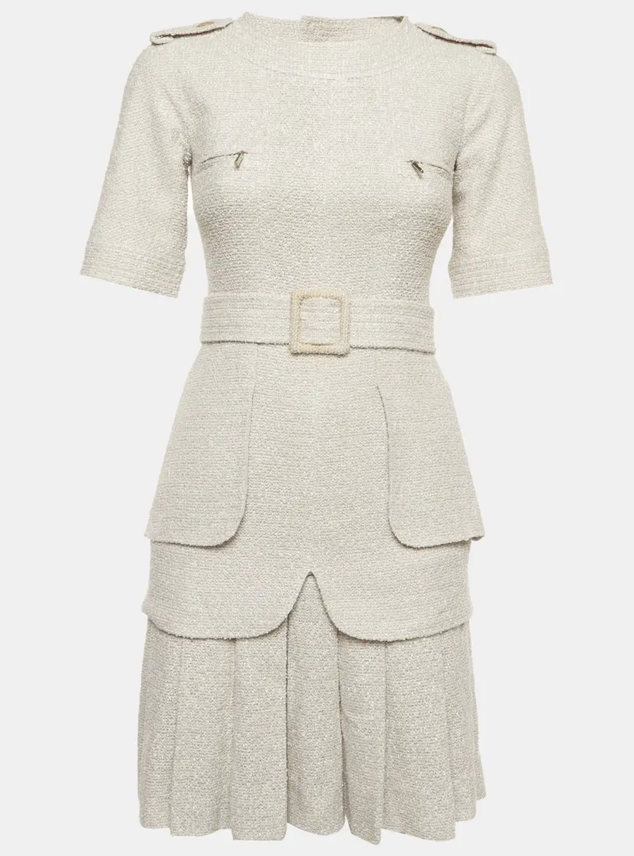Chanel Grey Tweed Short Sleeve Pleated Mini Dress S