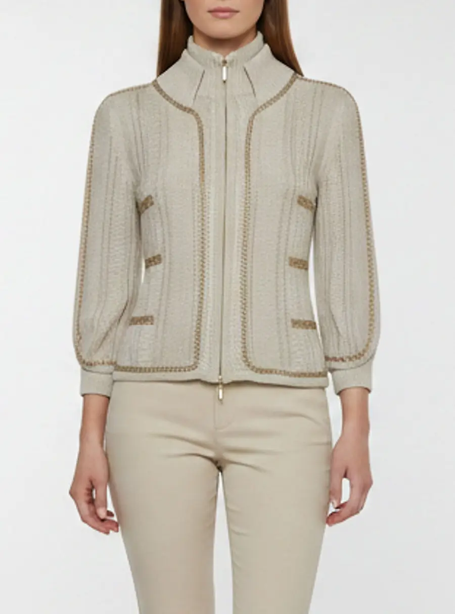 Chanel Beige/Gold Cable Knit Chain Trim Zip-Up Cardigan M