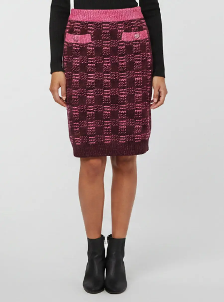 Chanel Pink/ Burgundy Plaid Knit Short Skirt S