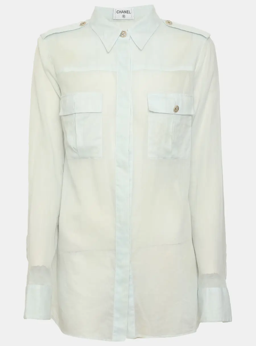 Chanel Light Turquoise Gauze CC Button Long Sleeve Shirt M