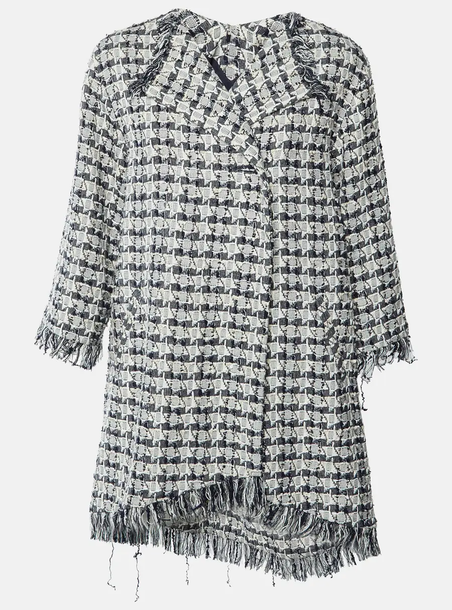 Chanel Navy Blue Houndstooth Tweed Fringe Oversized Coat M