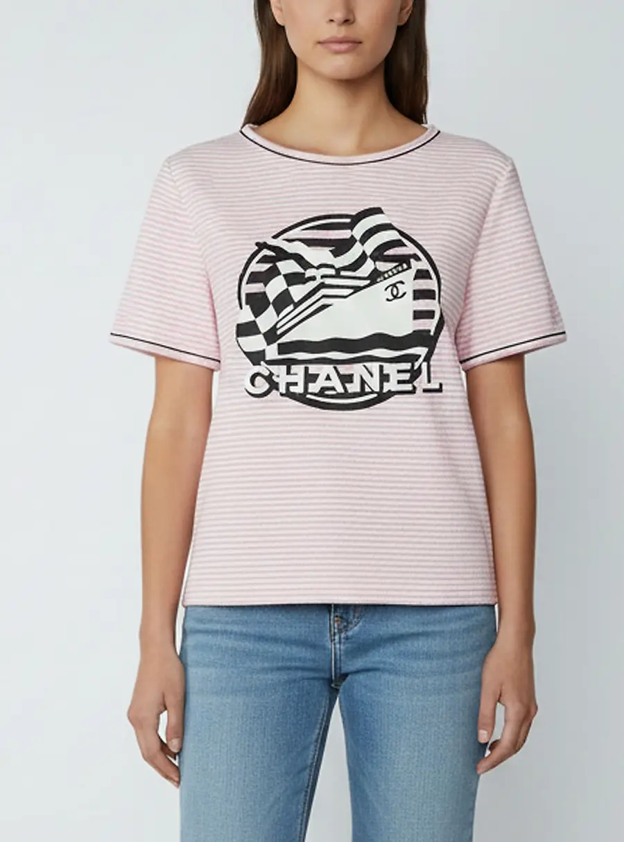 Chanel Pink Stripe Terry Knit La Pausa Crewneck T-Shirt M