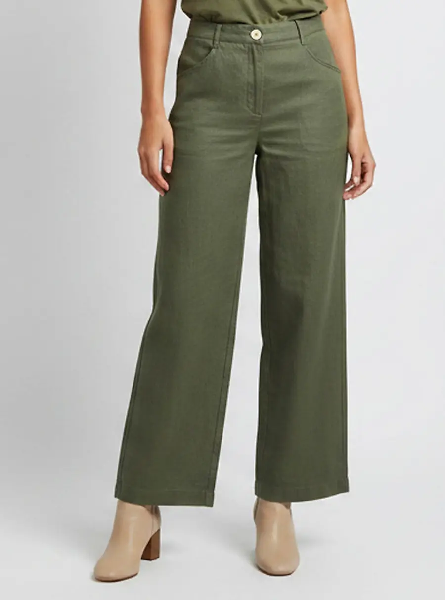 Chanel Vintage Military Green Linen Blend Wide Leg Pants L