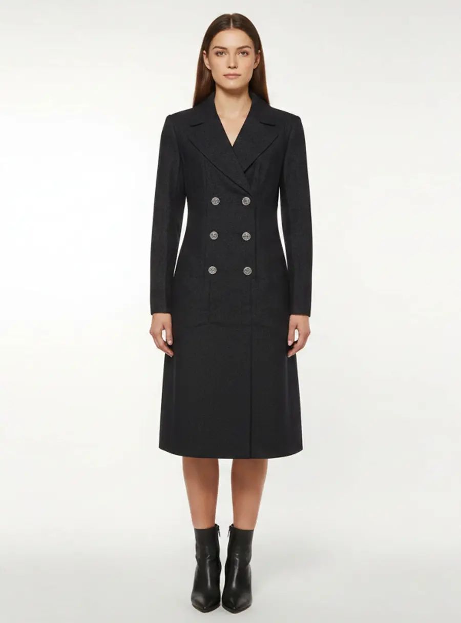 Chanel Navy Blue Metallic Wool Blend Double Breasted Dress M