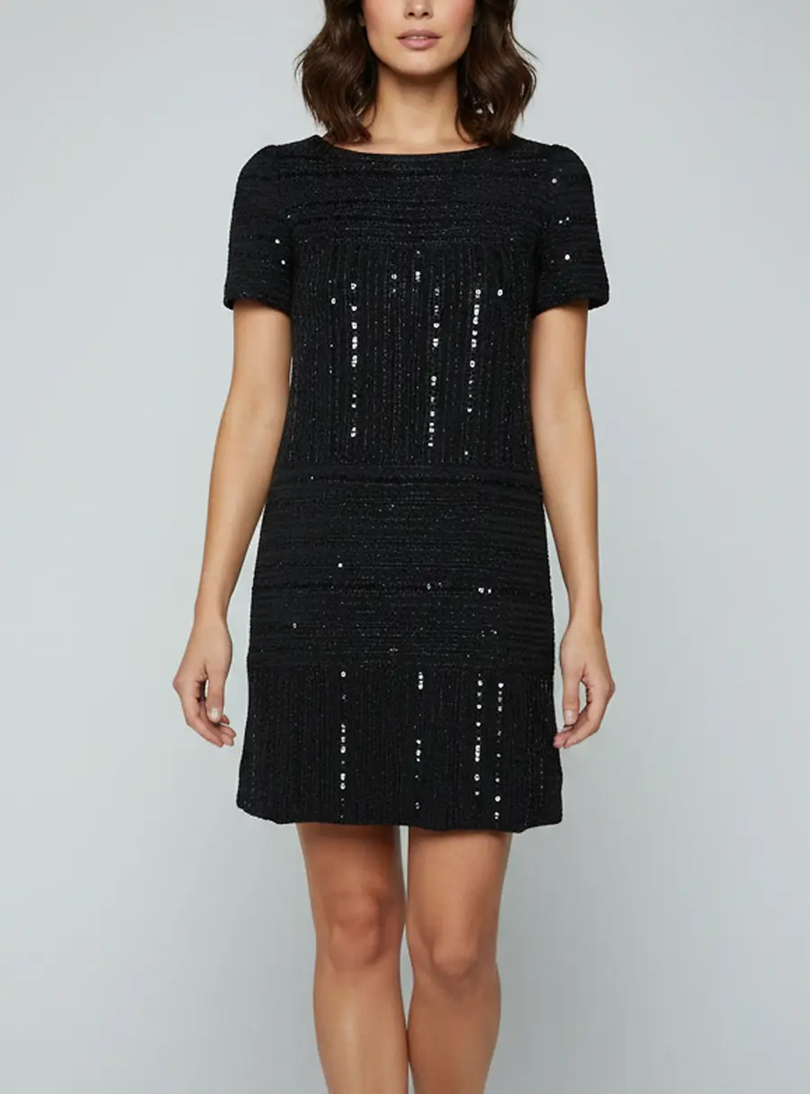 Chanel Identification Black Striped Sequin Tweed Mini Shift Dress M