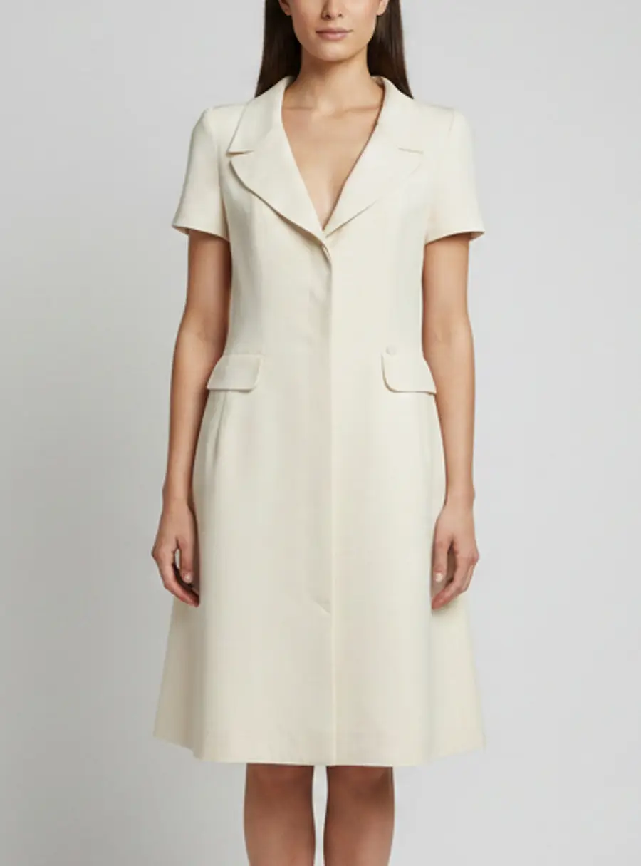 Chanel White Textured Silk Structured Lapel Collar Midi Dress L