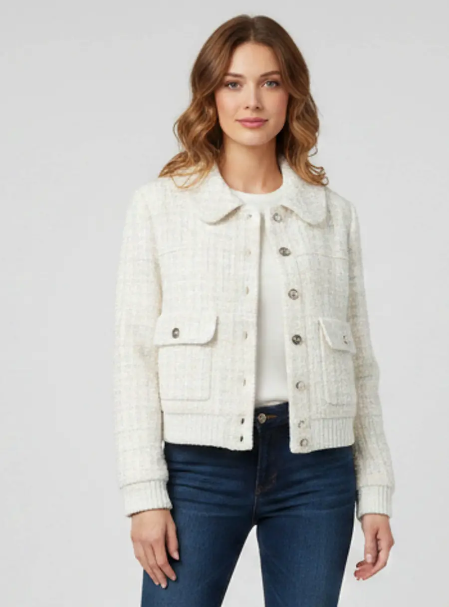 Chanel White Tweed Long Sleeve Collar Jacket M