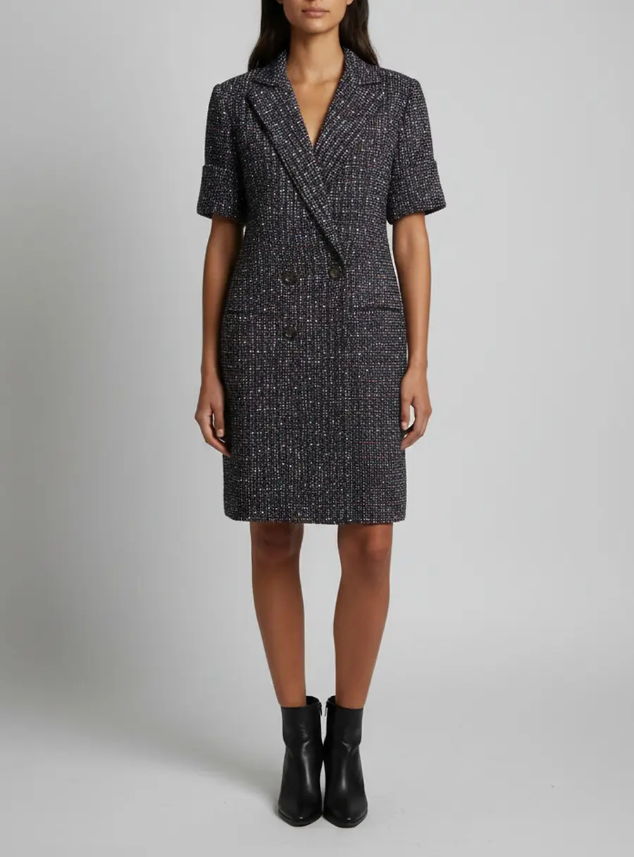 Chanel Navy Blue Double Breasted Tweed Short-Sleeve Dress L