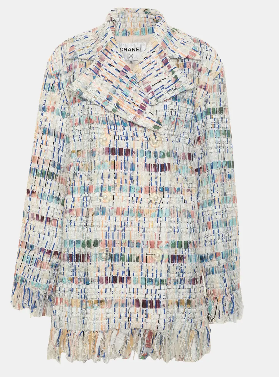 Chanel Multicolor Tweed Fringed Double-Breasted Caban Jacket M