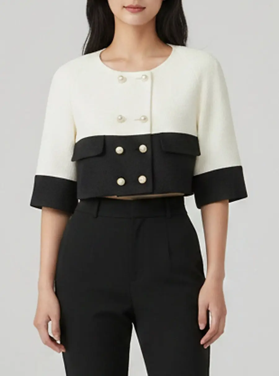 Chanel Monochrome Tweed Double Breasted Crop Jacket L