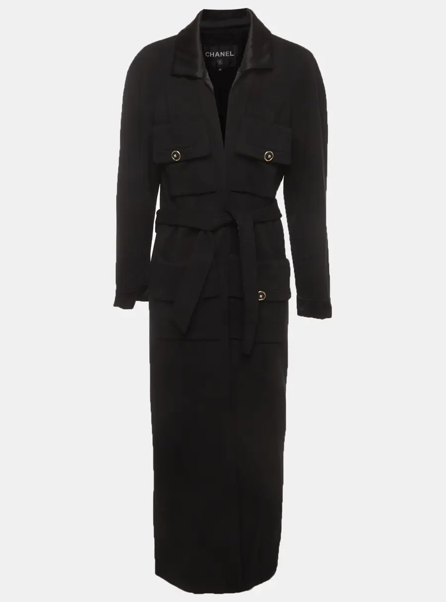Chanel Black Wool Long Sleeve Belted Coat M