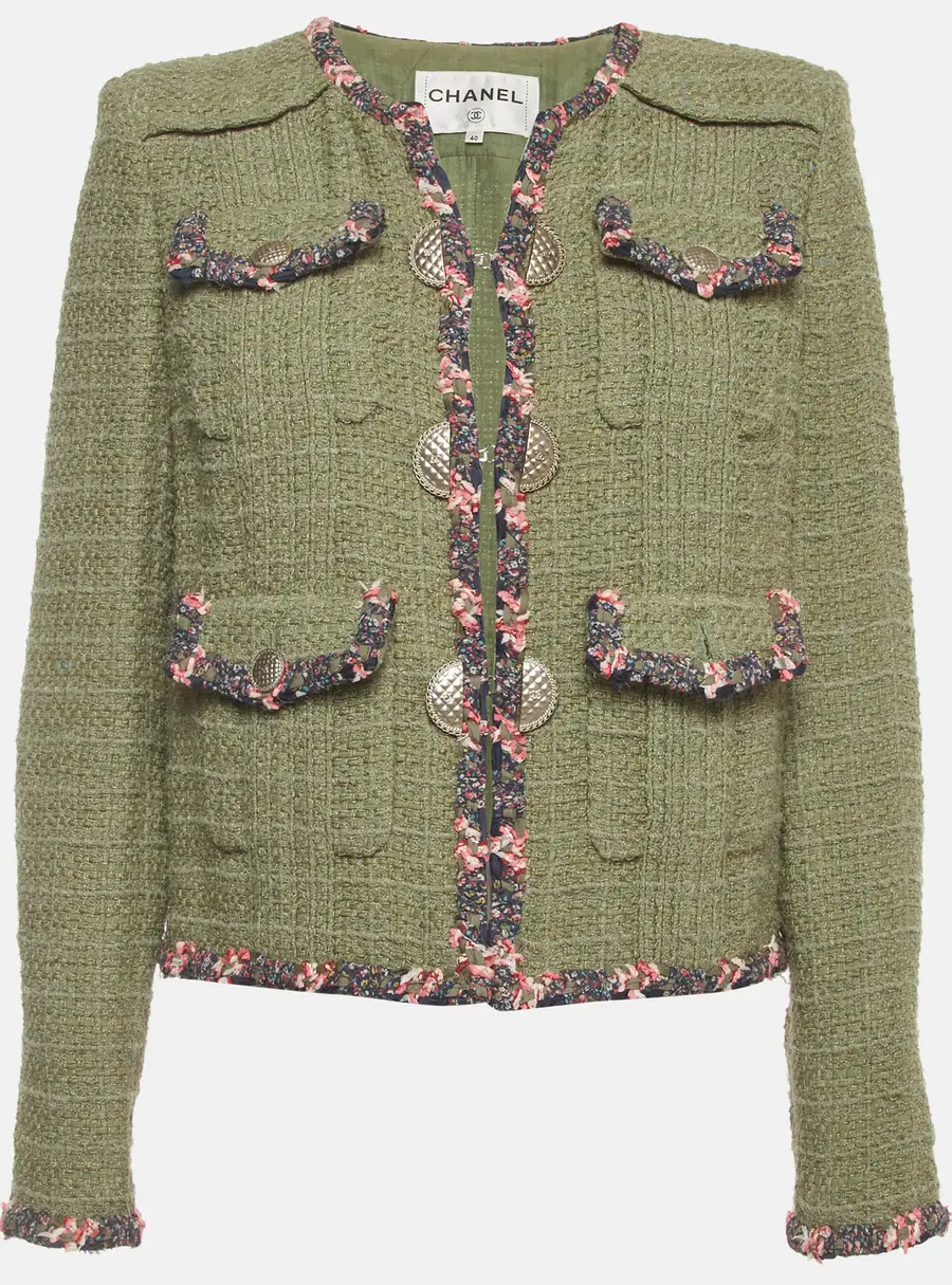 Chanel Khaki Green Tweed Contrast Trimmed Jacket M