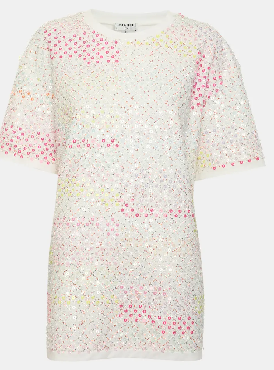 Chanel White Jersey Sequin Emroidered T-Shirt S