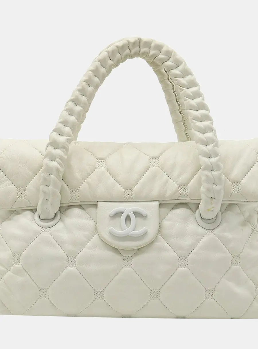 Chanel White Lambskin Leather Woven CC Shoulder Bag