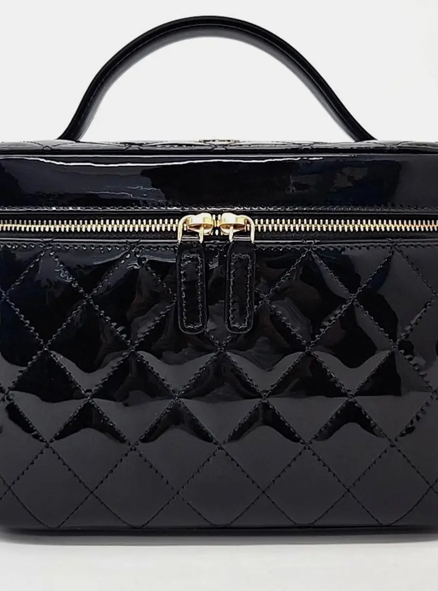 Chanel Quilted Black Patent Leather Vanity Bag