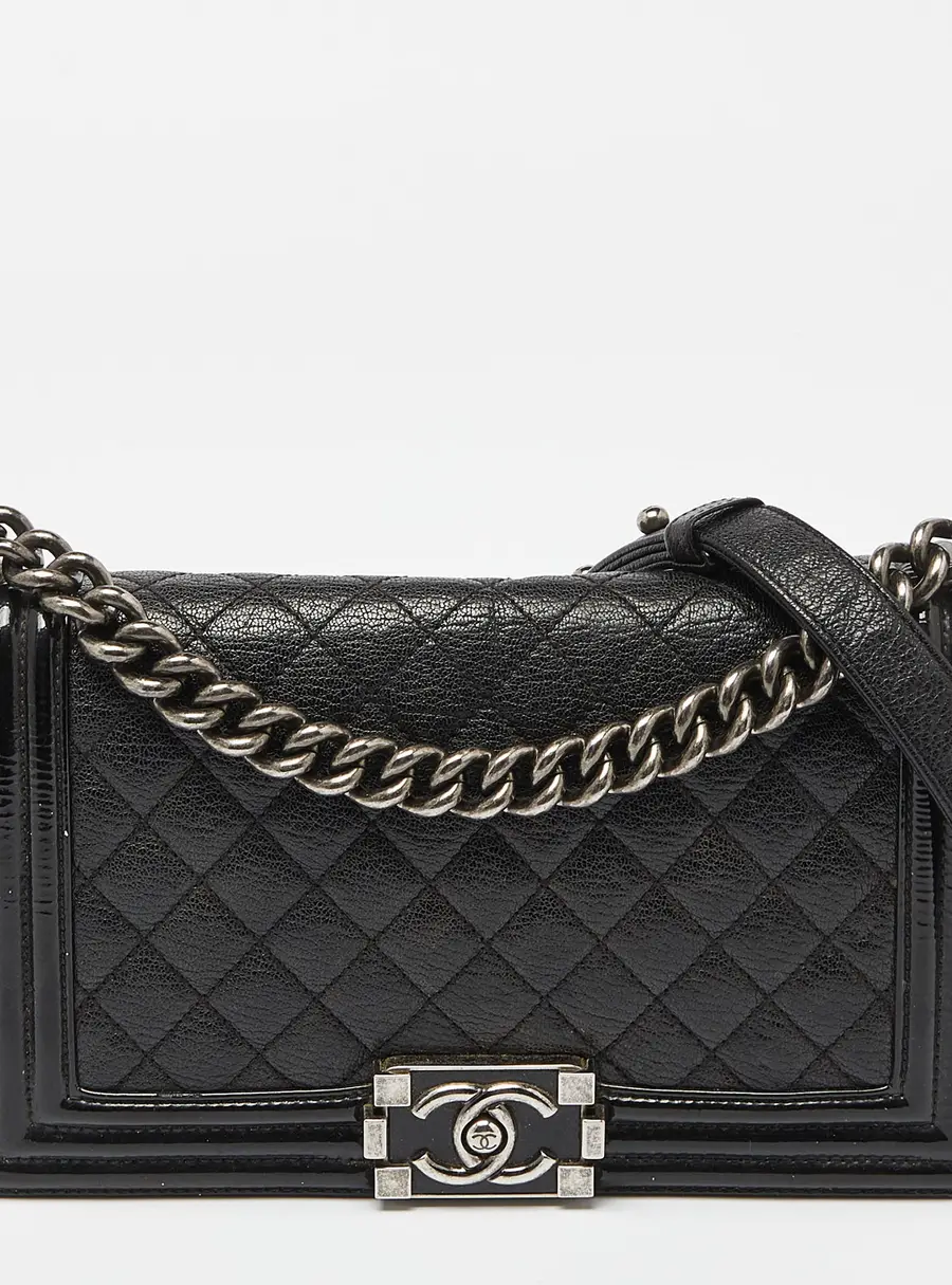 Chanel Boy Small Black Leather and Patent Leather Shoulder Bags