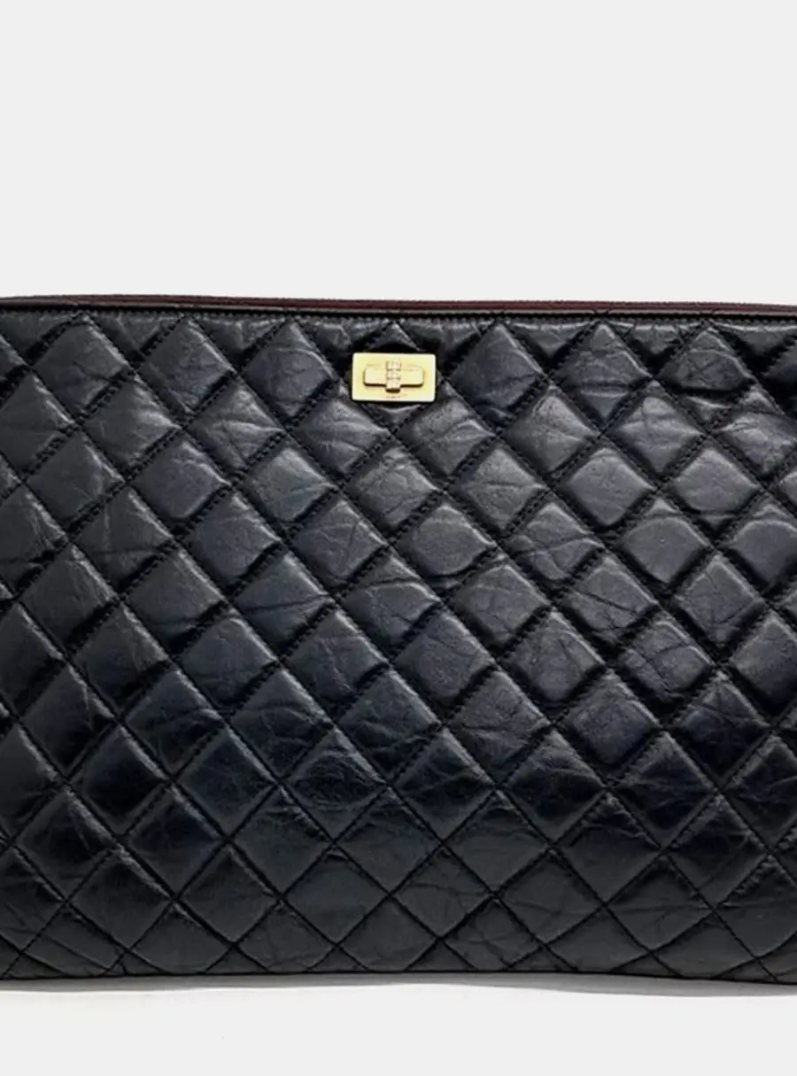 Chanel Vintage 2.55 Large Black Aged Calfskin Leather Clutch Bag