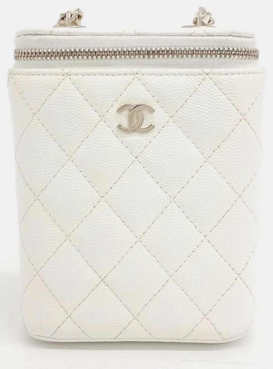 Chanel Small Vertical Classic Vanity Case White Quilted Caviar Grained Calfskin Leather Crossbody Bag