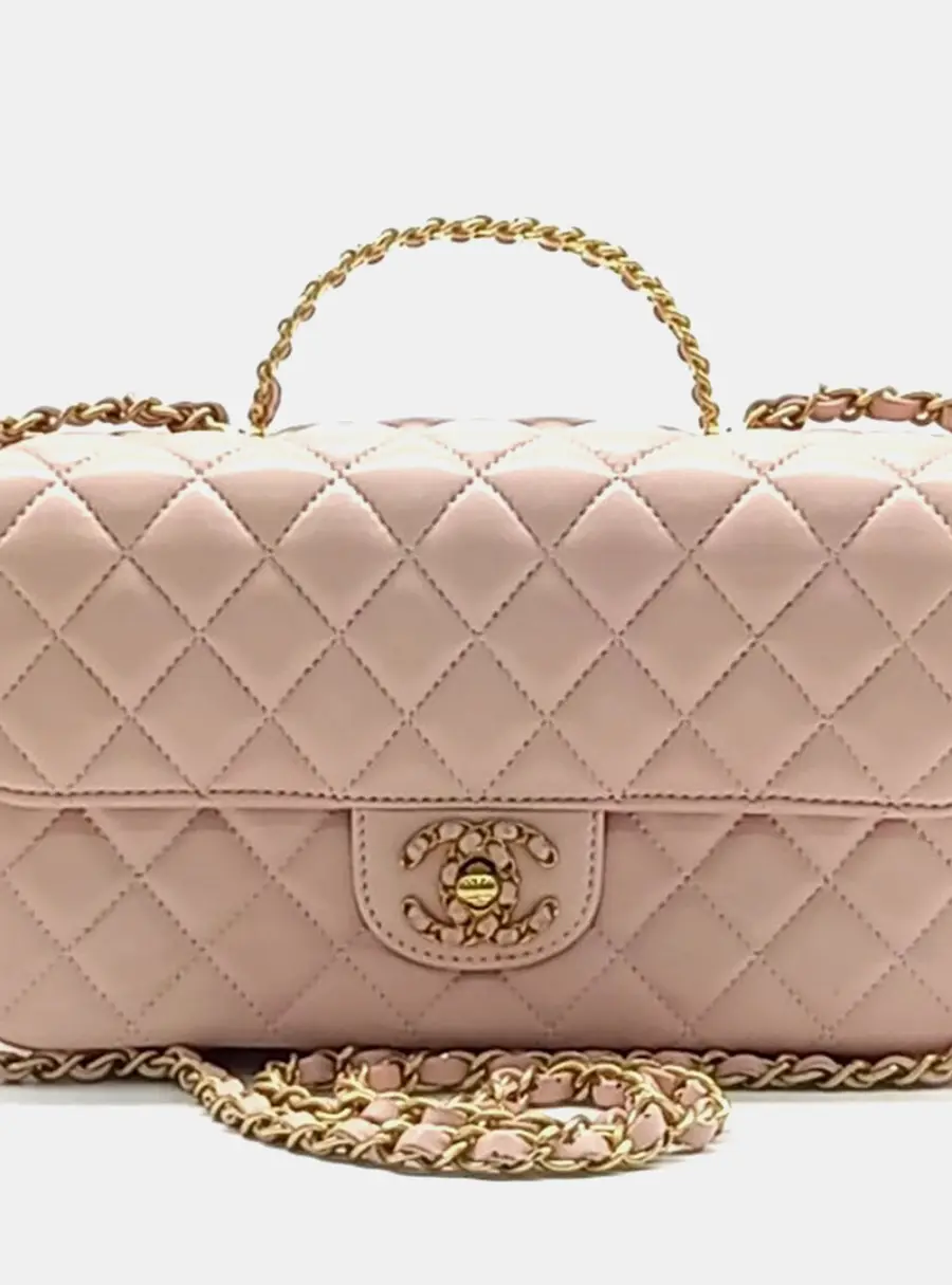 Chanel Small Top Handle Flap Pink Lambskin Leather Shoulder Bag