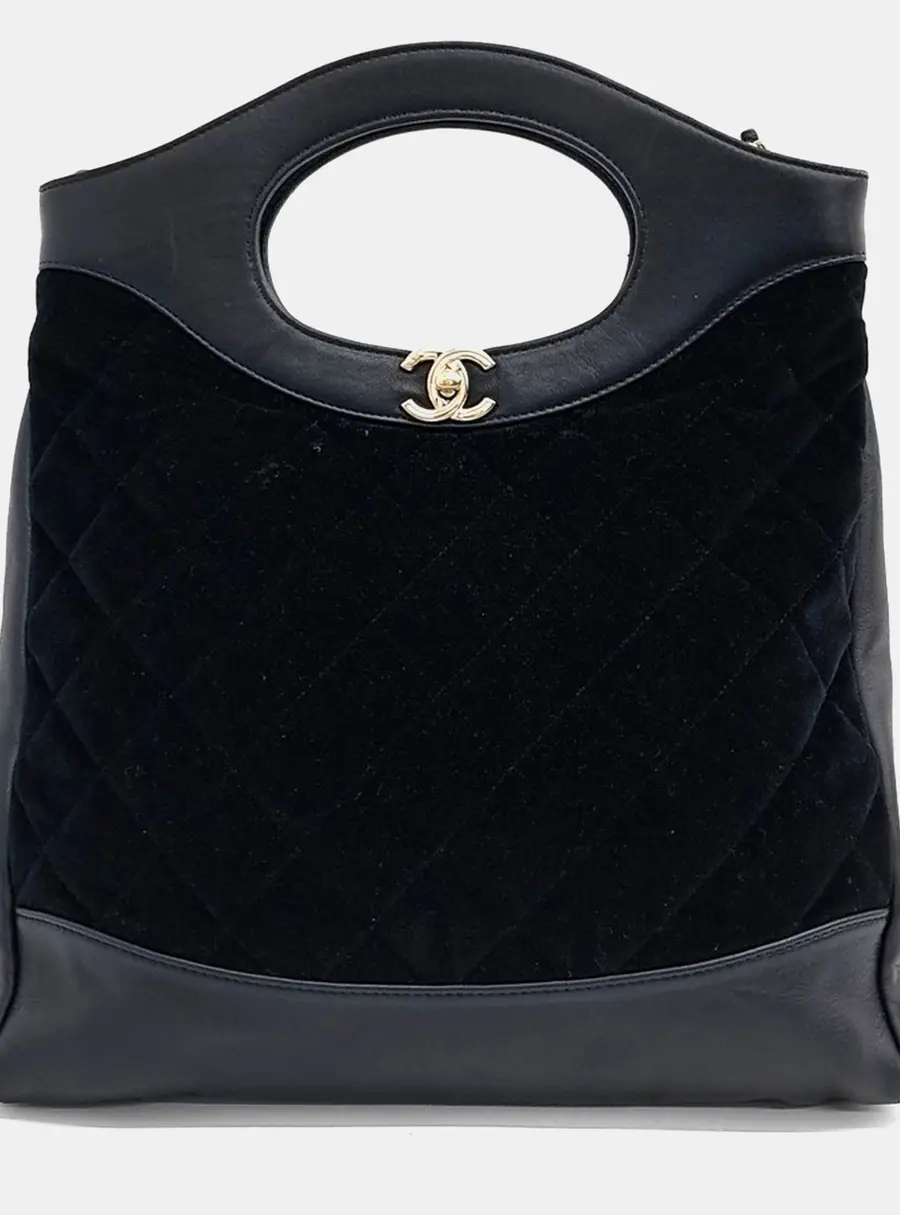 Chanel 31 Black Velvet Calfskin Leather Top Handle Bag