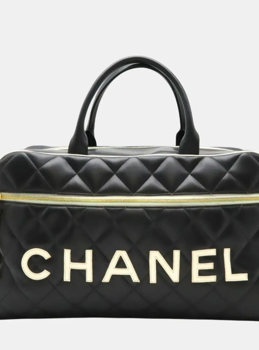 Chanel Black White Leather Matelasse Bowling Boston Bag