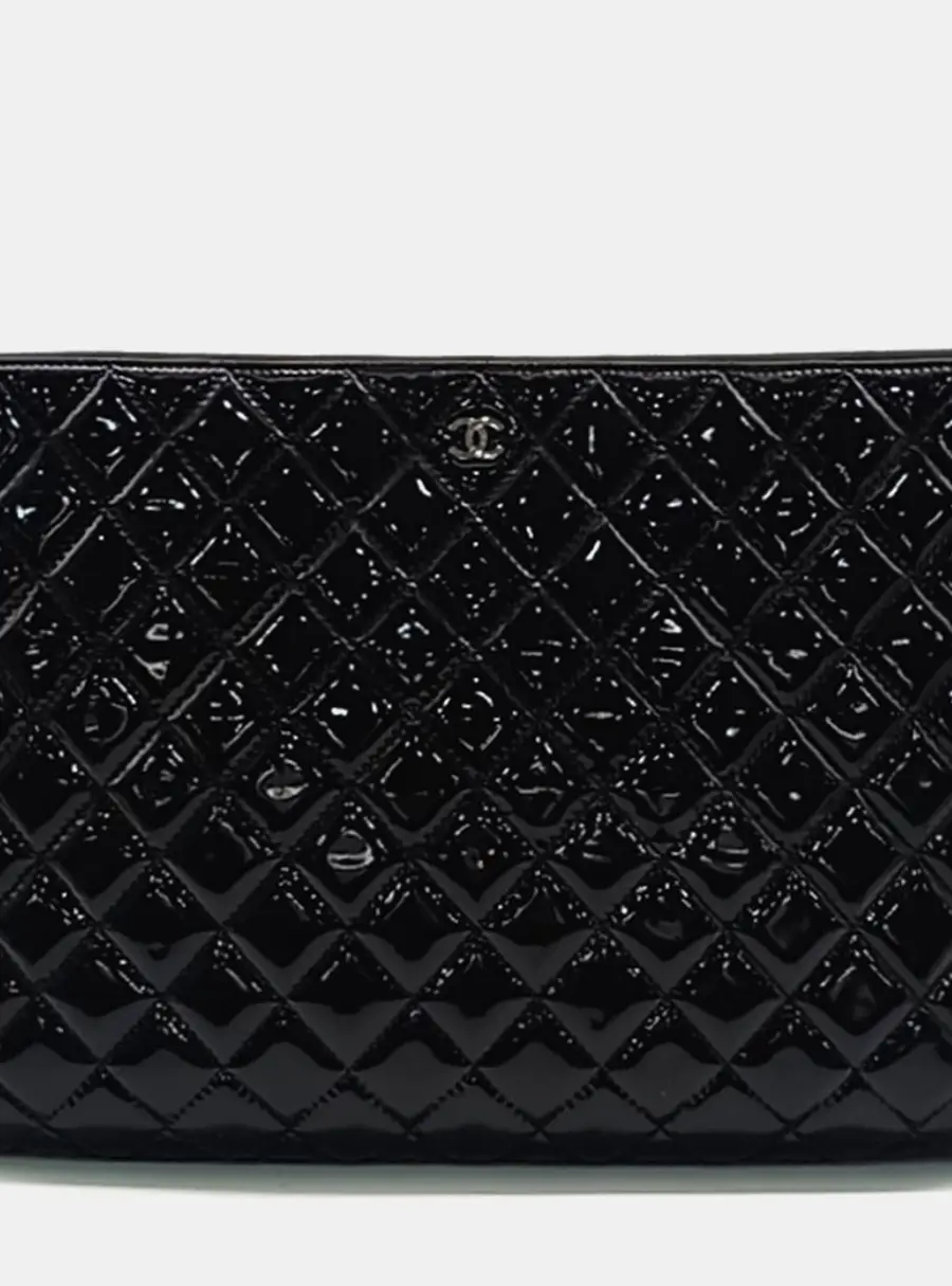 Chanel Classic O -Case Large Black Quilted Patent Leather Clutch Bag