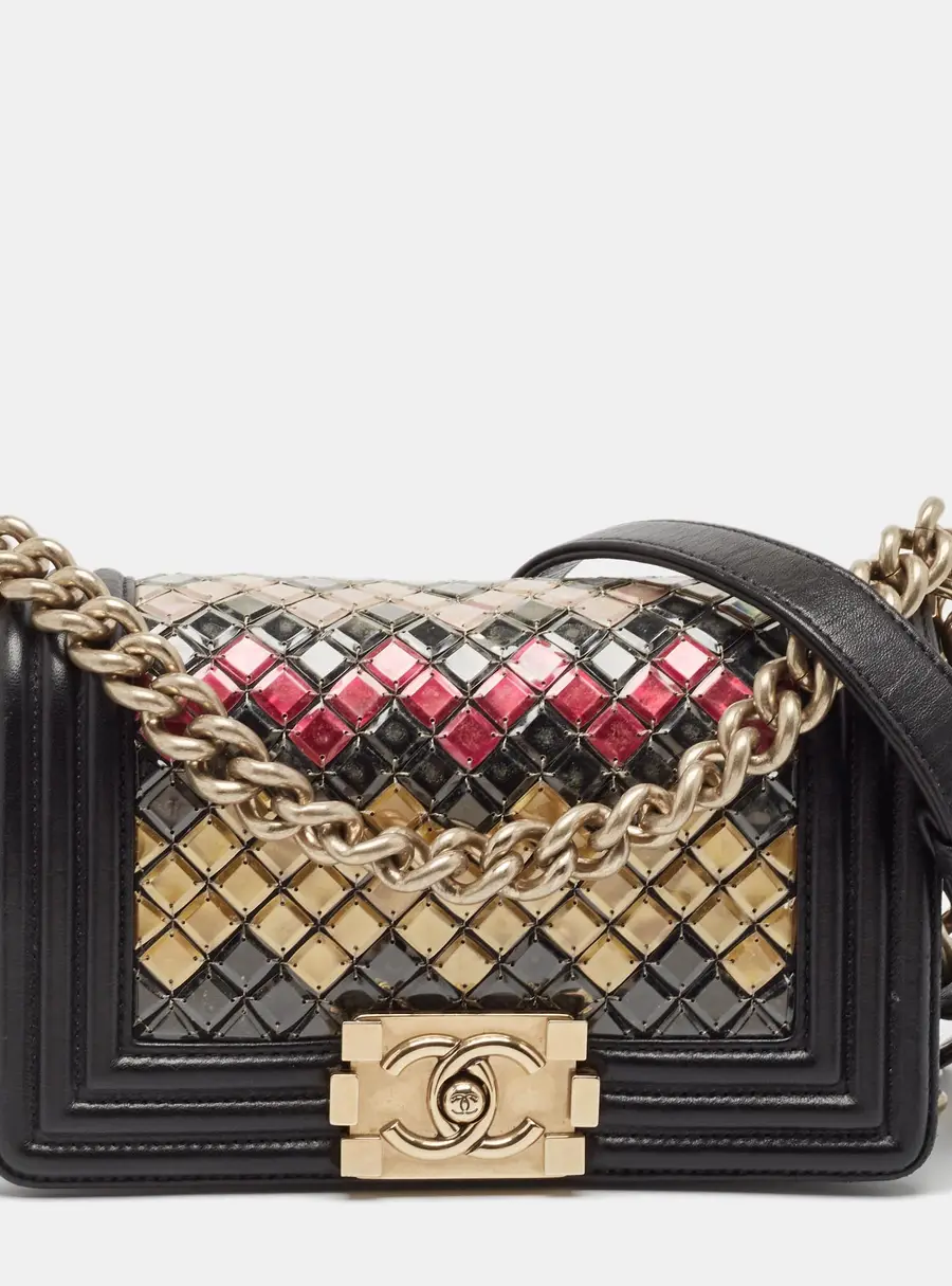 Chanel Black Leather and Sequins Tile Brasserie Mosaic Small Boy Bag