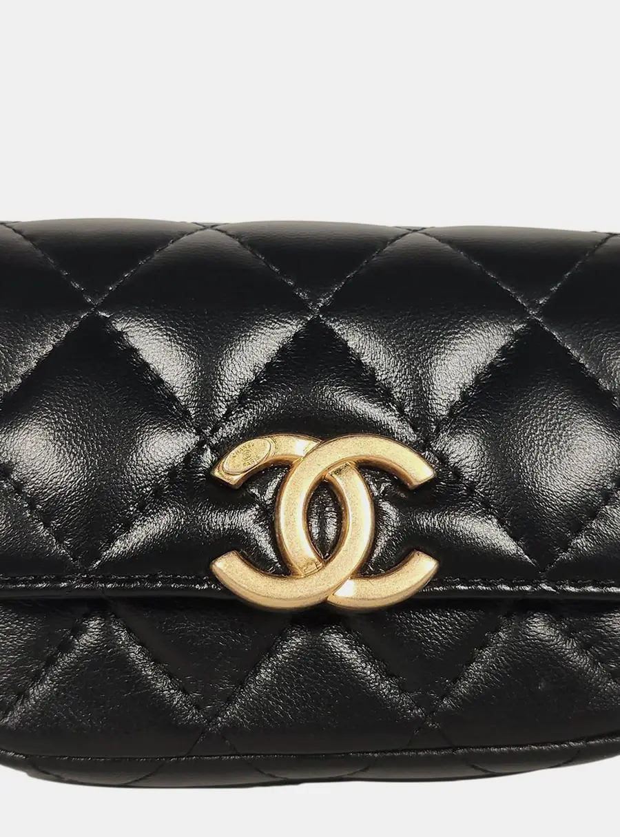 Chanel Waist Pouch Black Lambskin Leather Top Handle Bag