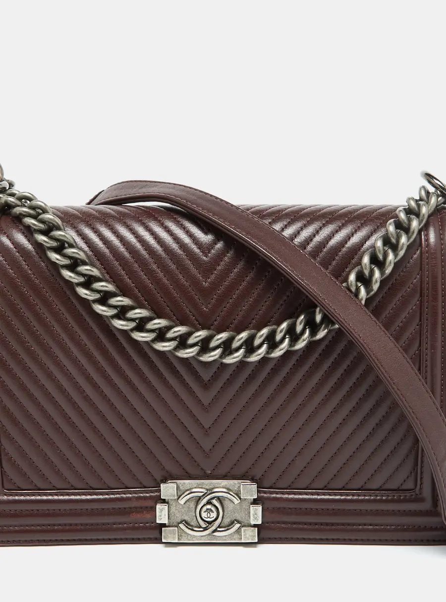 Chanel Burgundy Chevron Quilted Leather New Medium Boy Flap Bag