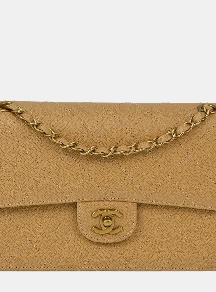 Chanel Classic Medium Beige Caviar Leather Single Flap Shoulder Bag