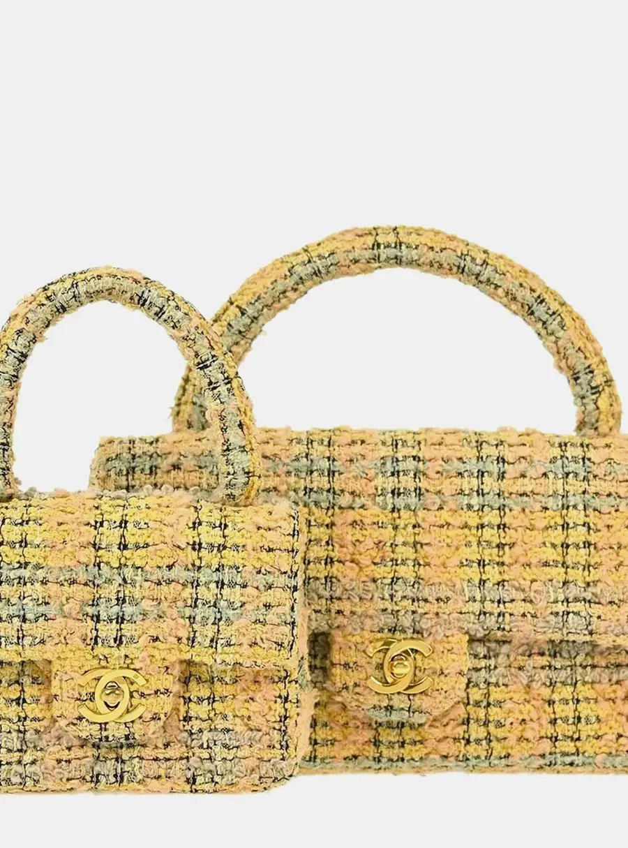 Chanel Classic Parent Child Yellow Tweed Top Handle Bag