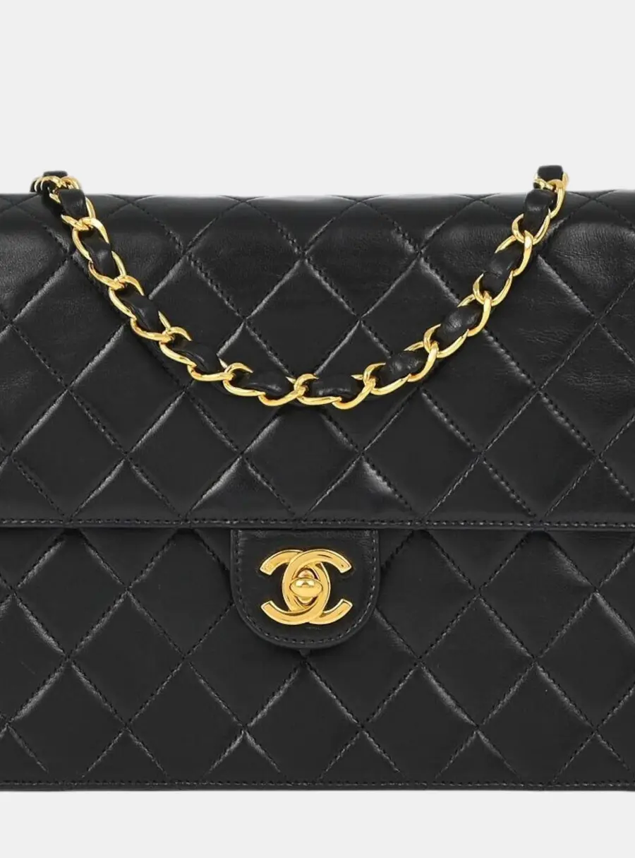 Chanel Vintage Half Flap Small Black Lambskin Leather Shoulder Bag