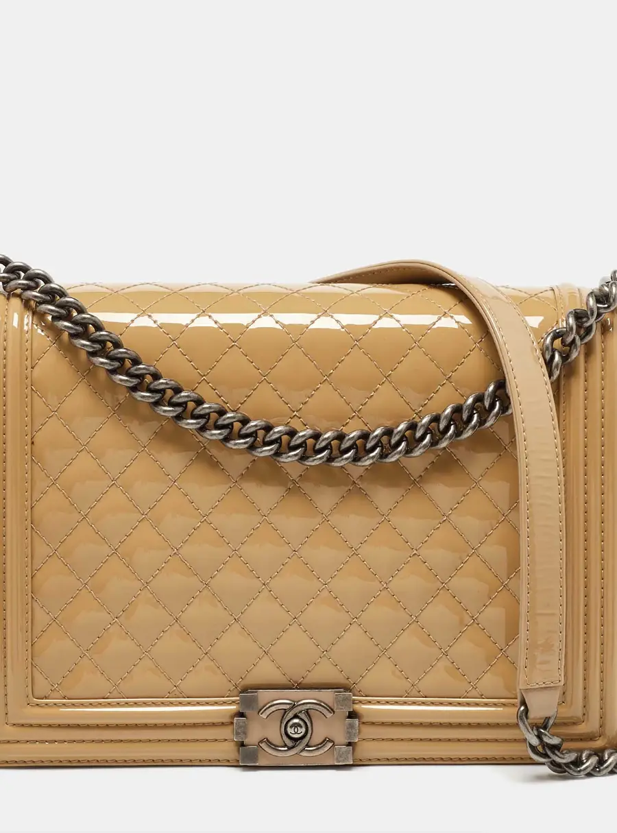 Chanel Beige Quilted Patent Leather Large Boy Flap Bag