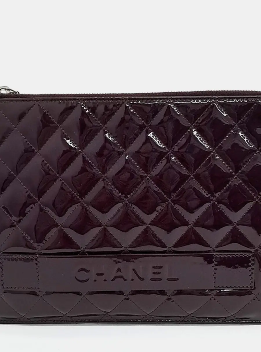 Chanel Brilliant Burgundy Quilted Patent Leather iPad Case Bag