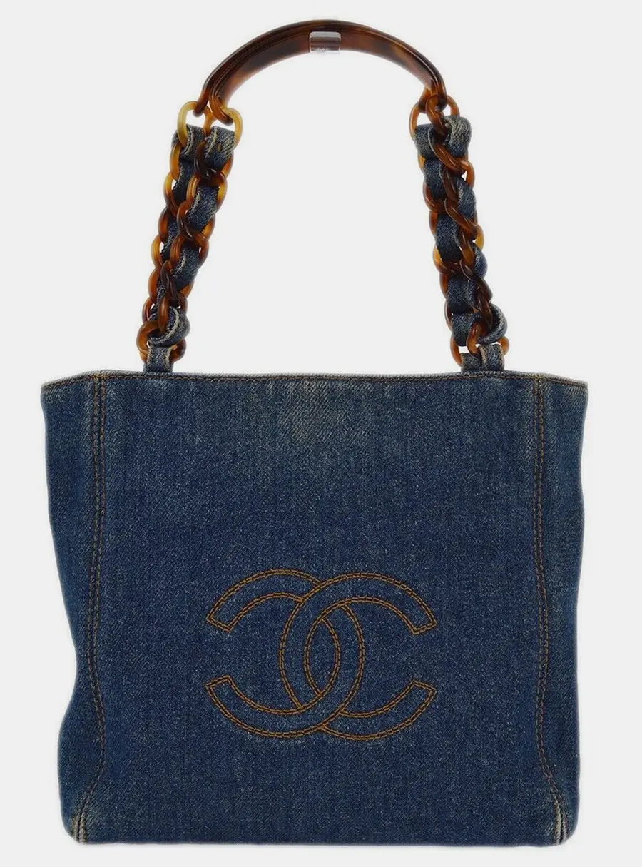 Chanel Vintage Stitched CC Medium Blue Denim Tortoiseshell Chain Link Tote Bag