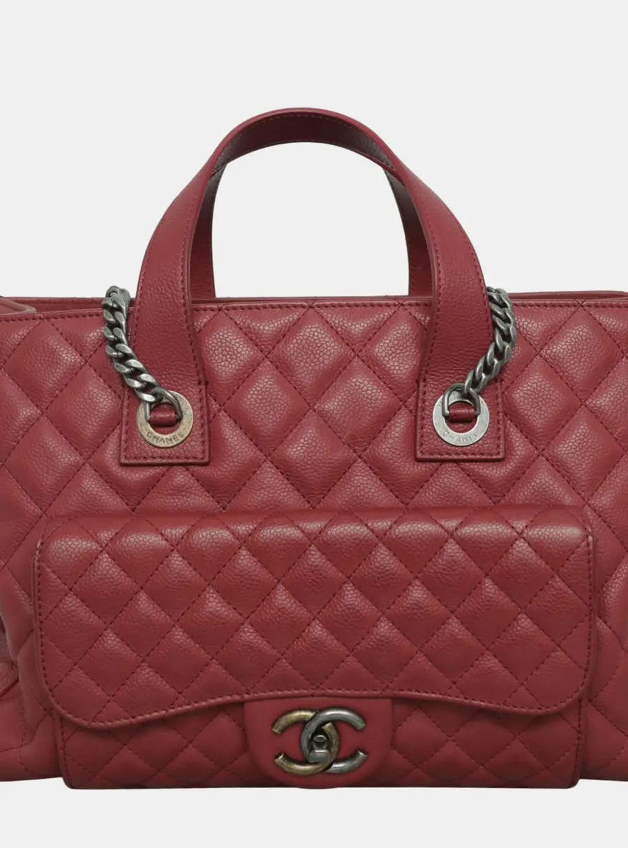 Chanel Casual Pocket Tote Red Caviar Leather Top Handle Bag