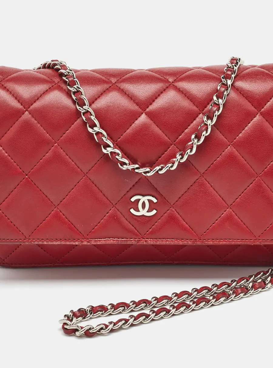Chanel Red Quilted Leather CC Wallet On Chain